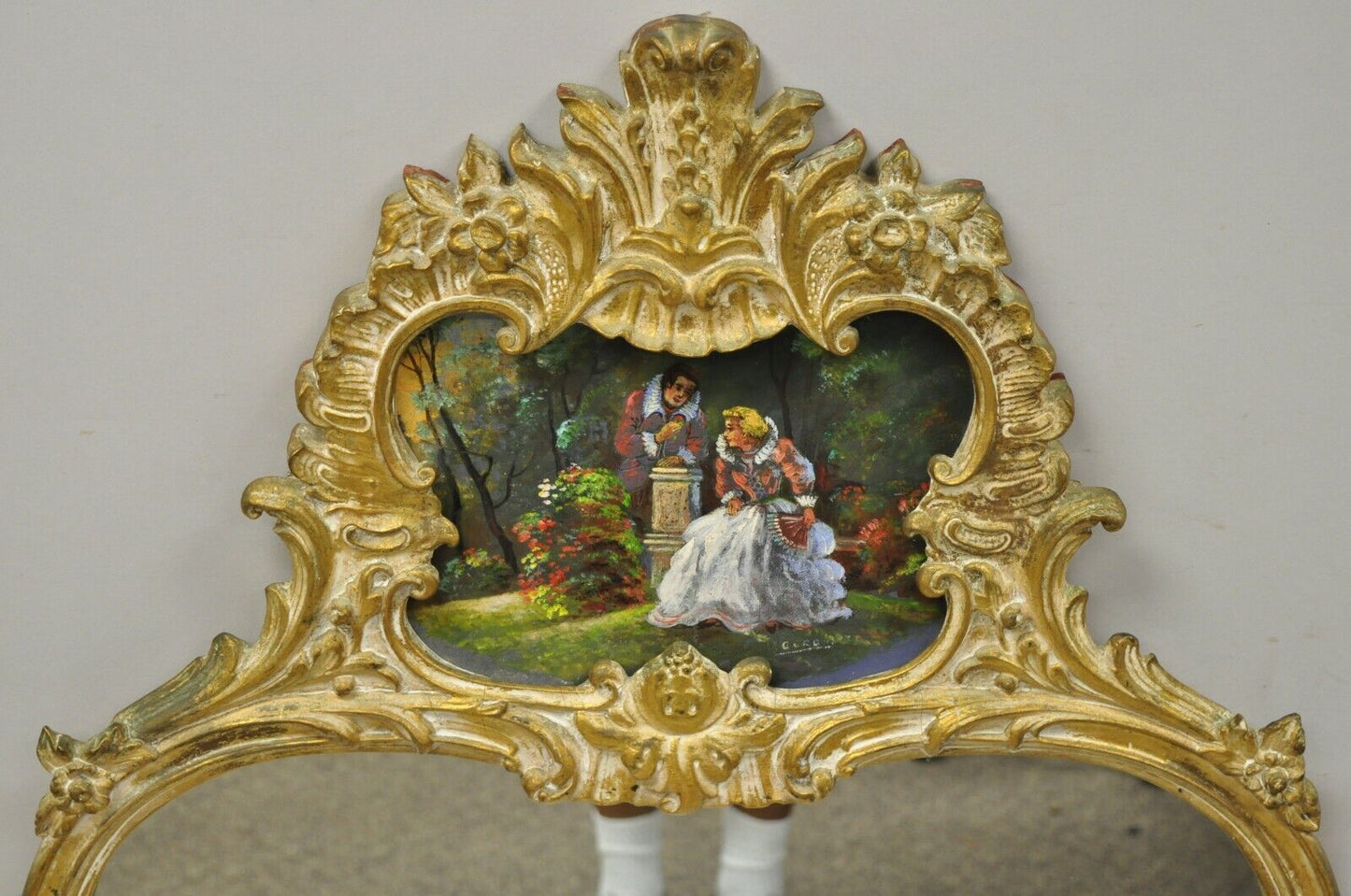 Vtg Gold Giltwood French Victorian Style Wall Mirror with Painted Courting Scene