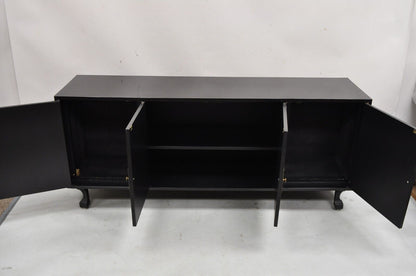 Vintage Chinoiserie Black Lacquer Hand Painted Floral Credenza Cabinet Sideboard