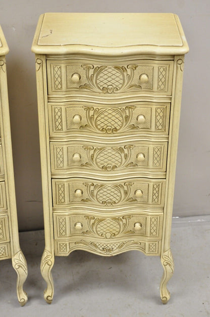 Pair Vtg French Country Provincial Style Cream Painted 5 Drawer Chest Nightstand