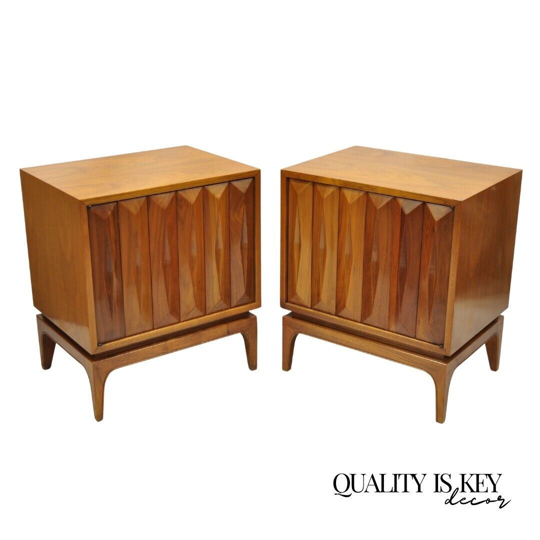 Albert Parvin Mid Century Modern Sculpted Walnut Diamond Facade Nightstand- Pair