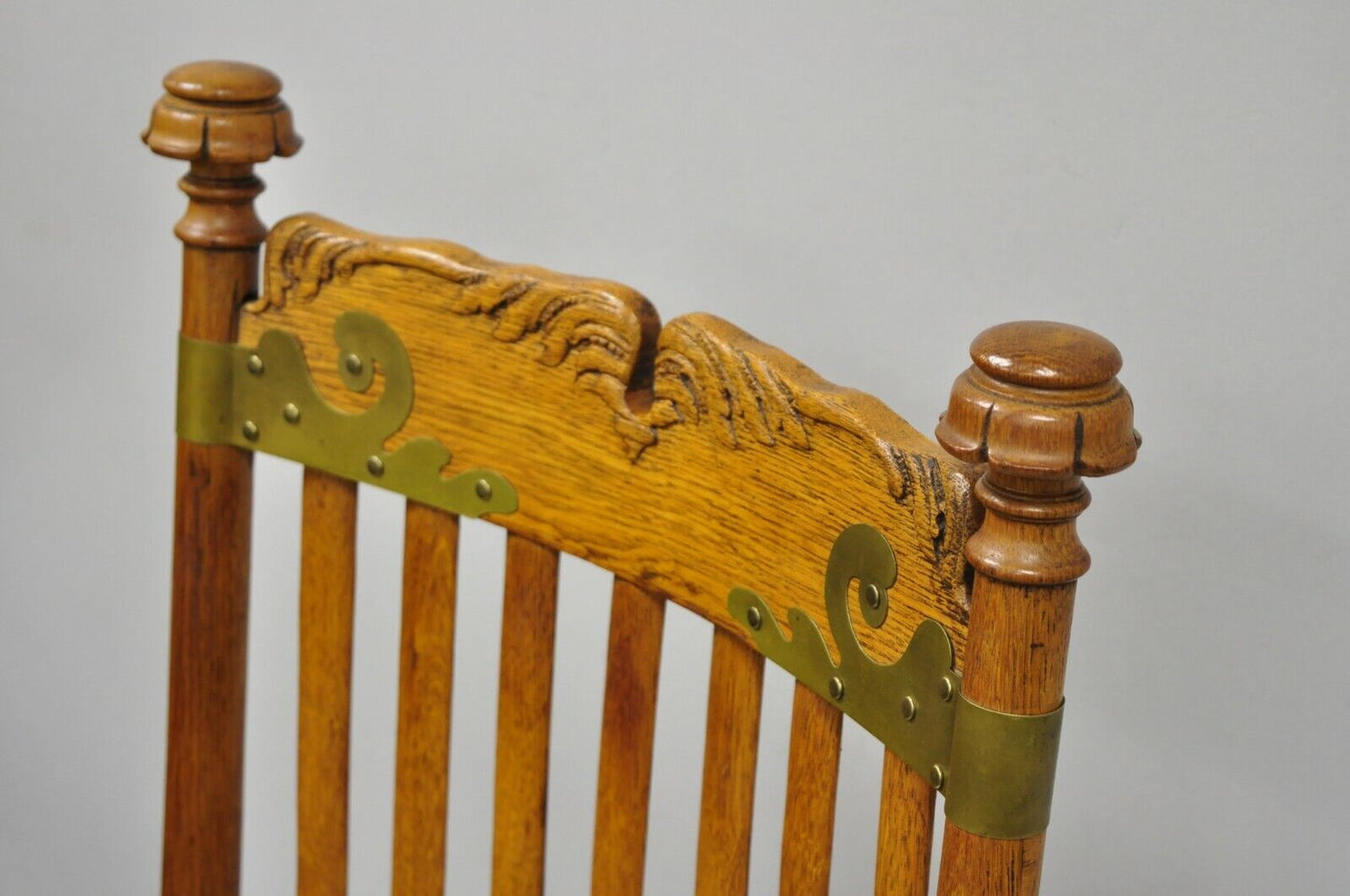 Antique Victorian Oak Wood Arts & Crafts Rocker Rocking Chair with Brass Accents