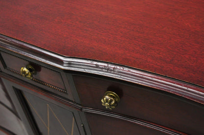 Mahogany Chinese Chippendale Long Dresser Credenza w/ Tooled Leather Door Front