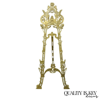 Large Vintage Nouveau Aesthetic Style Figural Brass Tall Art Easel Display Stand