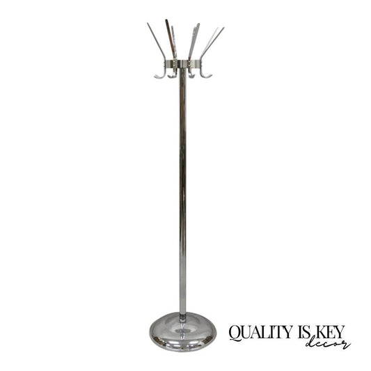 Vintage Chrome Metal Art Deco Style Coat Tree Stand with Revolving Hooks