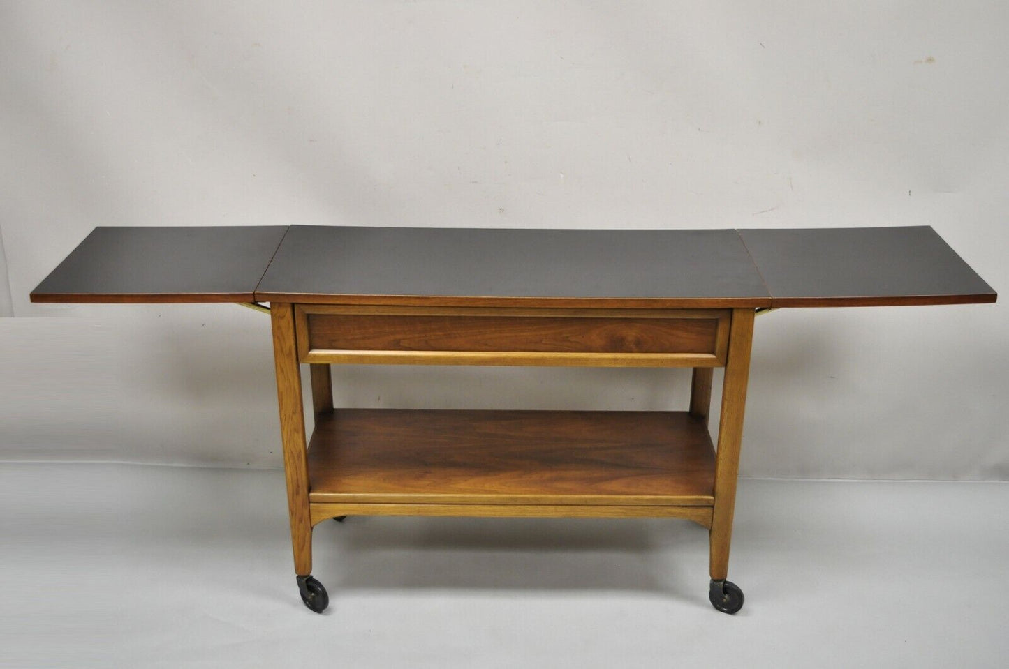 Lane Mid Century Modern Walnut Modern One Drawer Drop Leaf Rolling Bar Cart