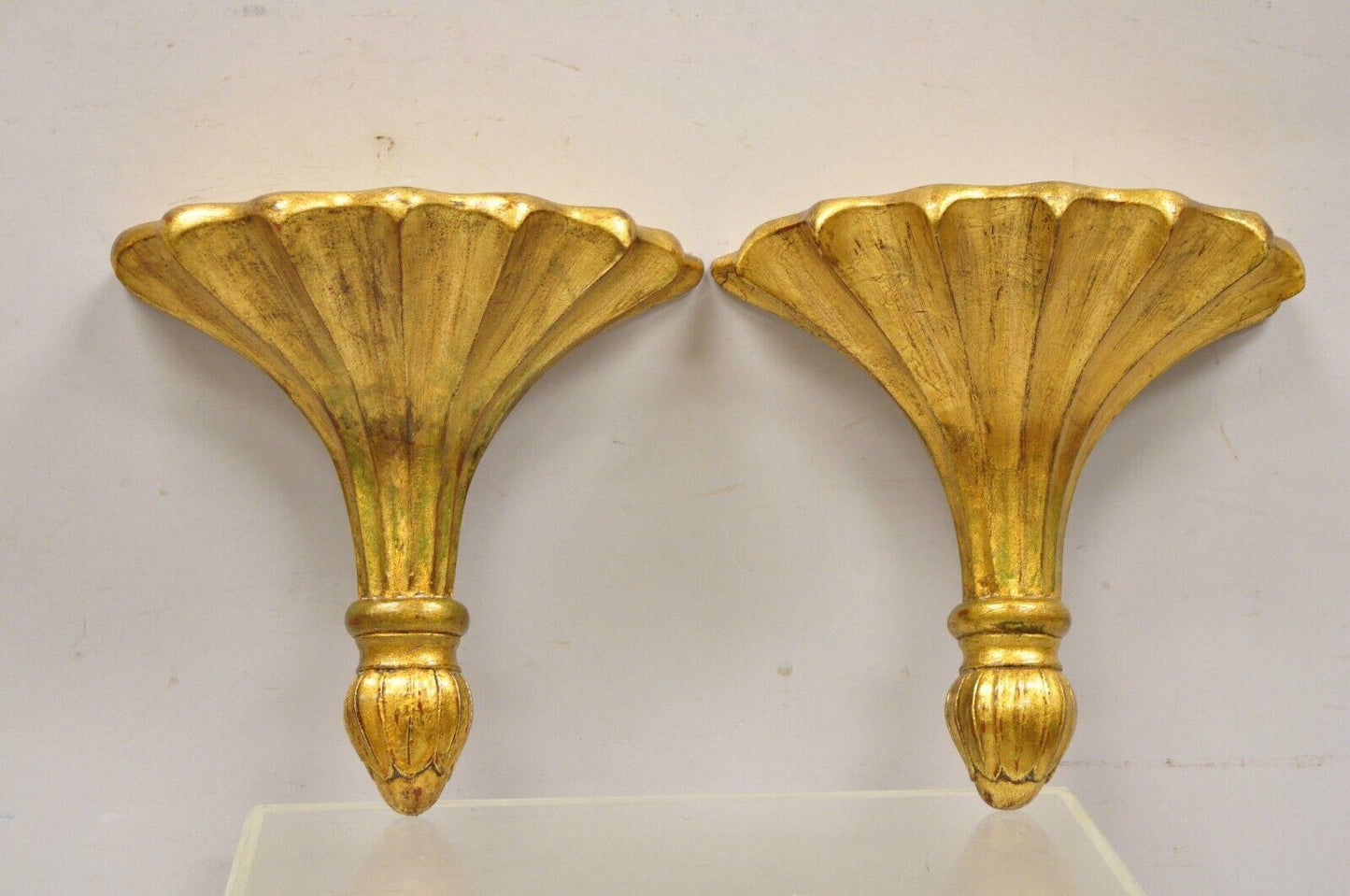 Maitland Smith Distressed Gold Gilt Fluted Fan Design Wall Shelf Bracket - Pair