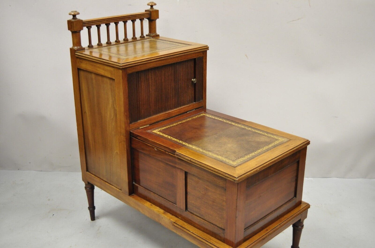 Antique English Regency Leather Top 3 Tier Side Table with Hidden Storage