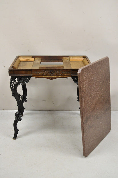 Antique Eastlake Victorian Marble Top Walnut Table with Cast Iron Legs