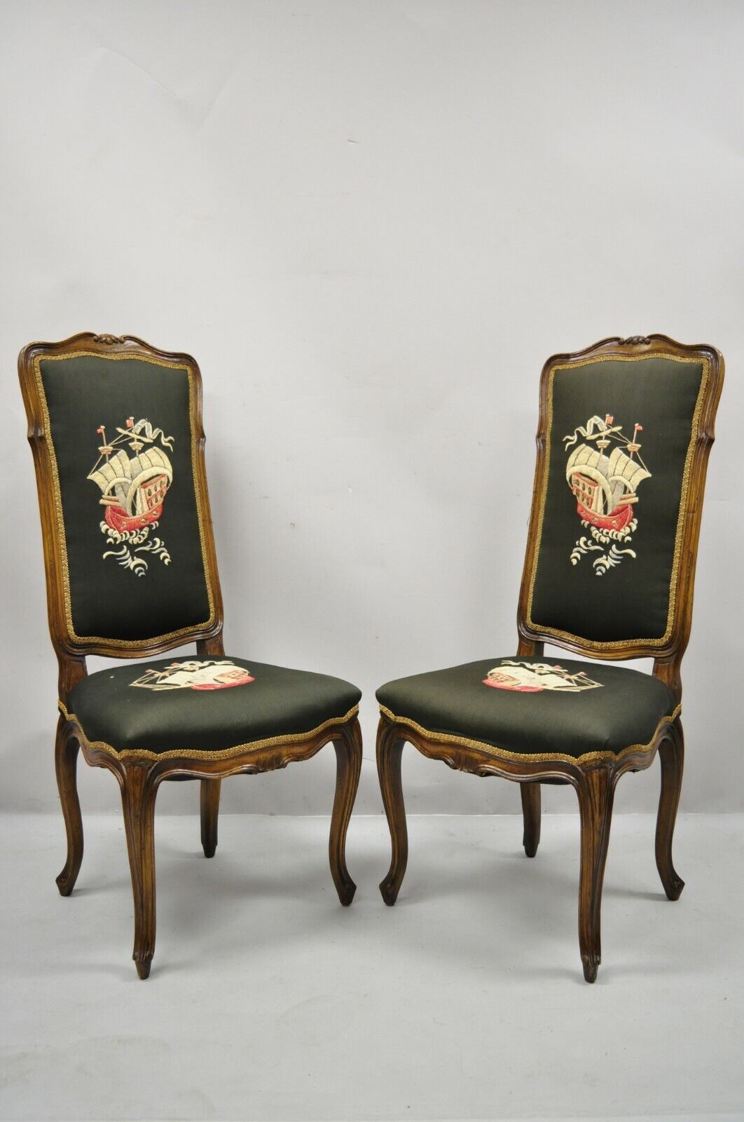 French Provincial Louis XV Walnut Side Chairs w/ Ship Boat Crewel Work - a Pair