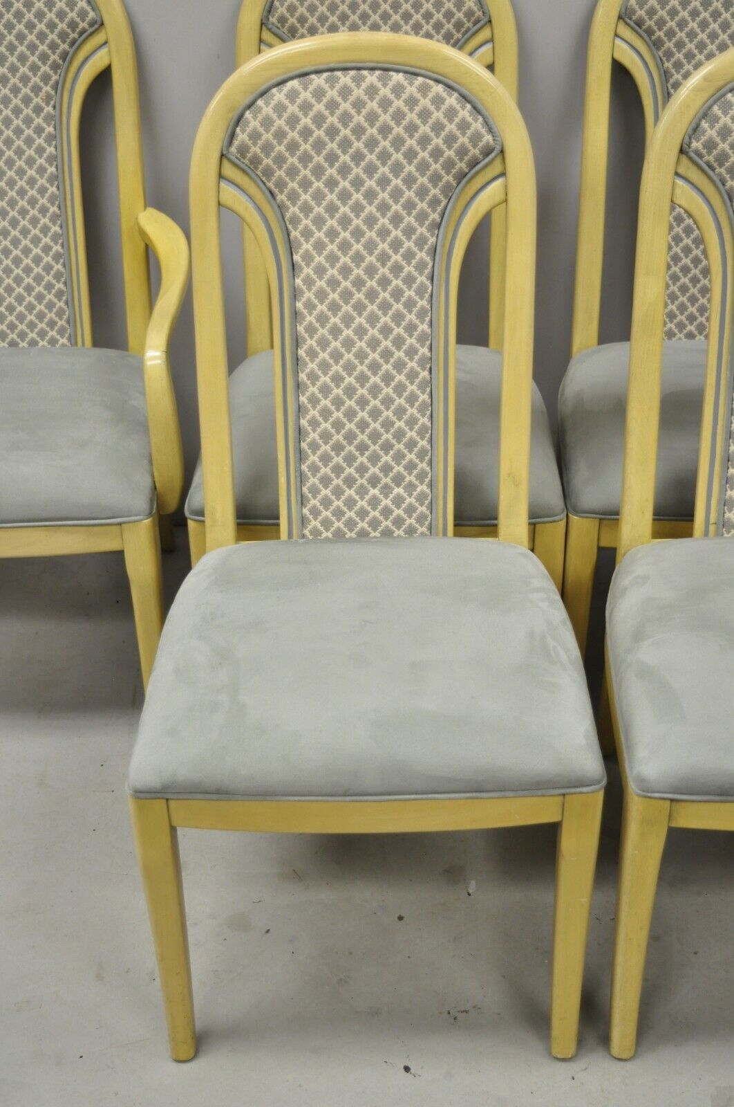 Set 6 Vintage Art Deco Style Cream Upholstered Back Dining Chairs attr. Henredon