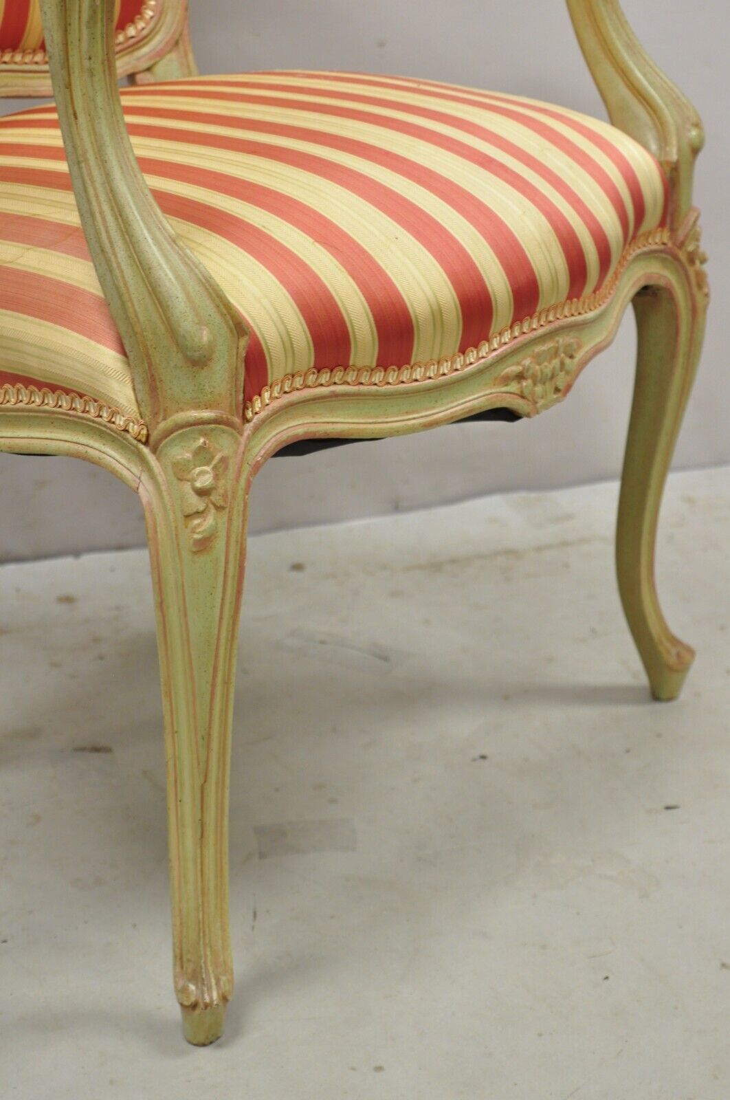 Vtg French Louis XV Style Green & Pink Painted Arm Chair Fauteuil Striped Fabric