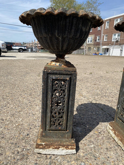Antique 31" French Victorian Cast Iron Fluted Urn Garden Planter Pedestal - Pair