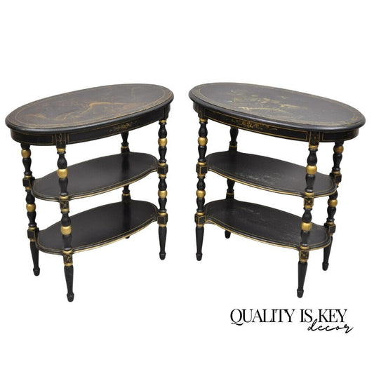 Vintage Chinoiserie Black Painted Oval 3 Tier Side Tables by Yeager - a Pair