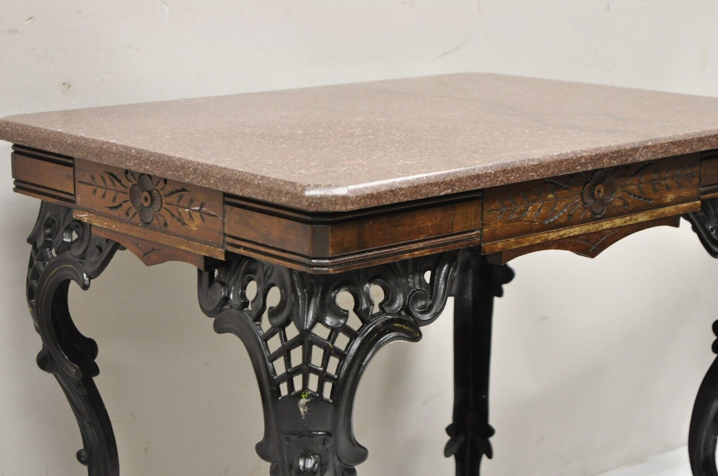 Antique Eastlake Victorian Marble Top Walnut Table with Cast Iron Legs