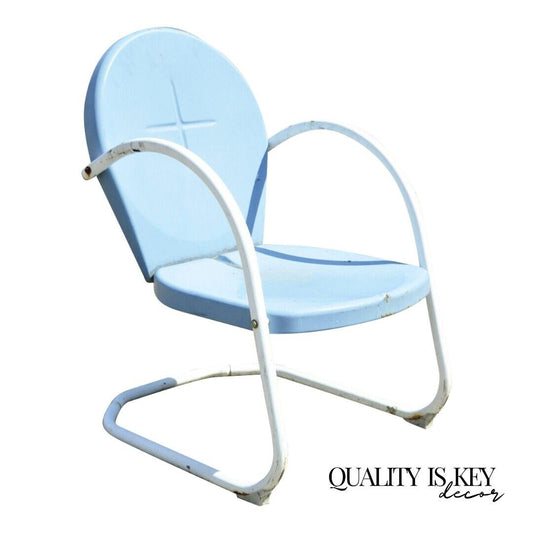 Antique Vintage Art Deco Steel Metal Blue Garden Patio Outdoor Chair