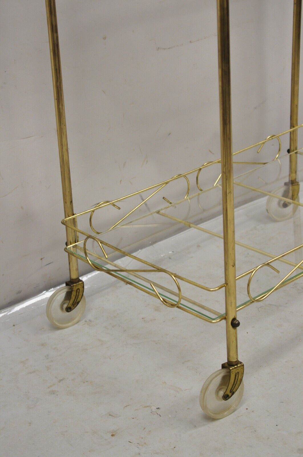 Vintage Mid Century Modern Gold Metal 2 Tier Rolling Bar Tea Cart Server