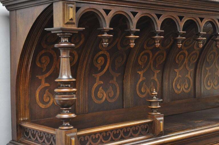 Gothic Renaissance Revival Carved Walnut Dragon Griffin Sideboard Hutch Cabinet