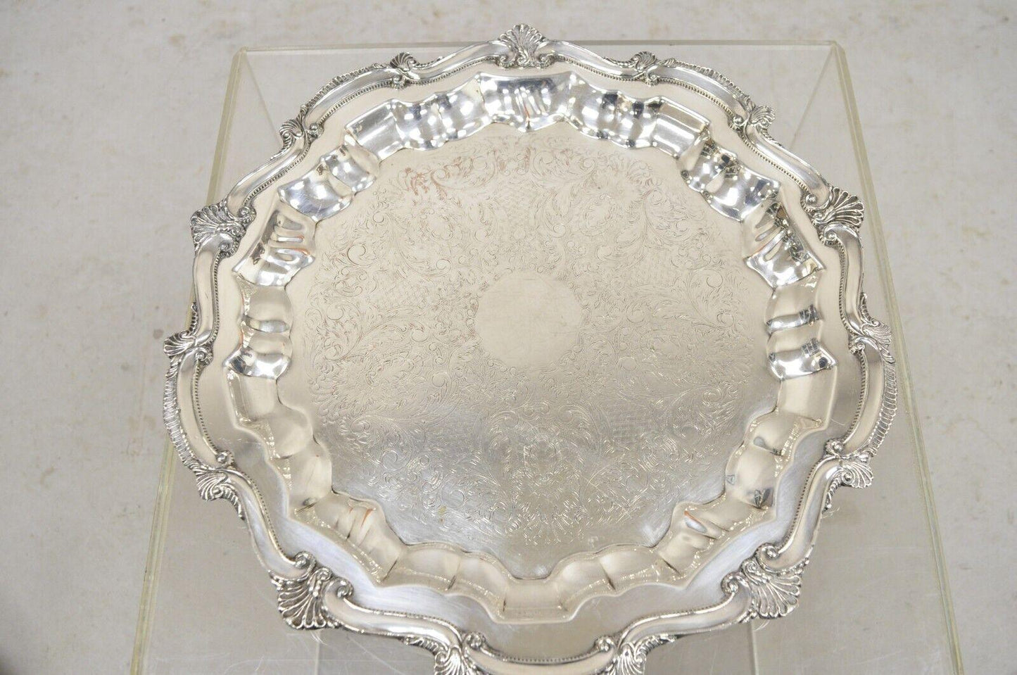 WNS Blackinton Chippendale 1457 Silver Plated Round Scalloped Platter Tray