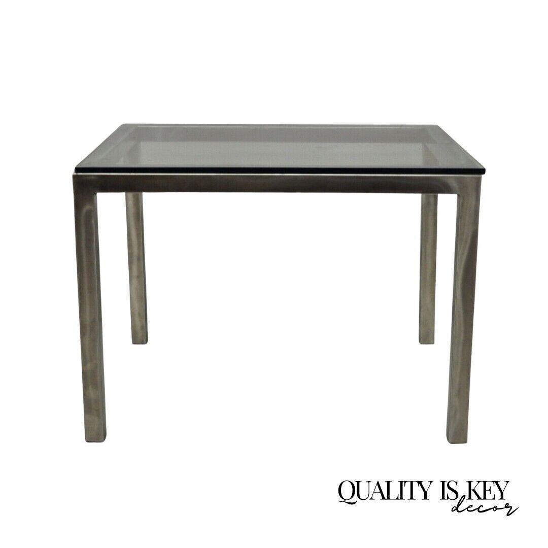 Mid Century Modern Brushed Metal Glass Top Baughman Style Side Table