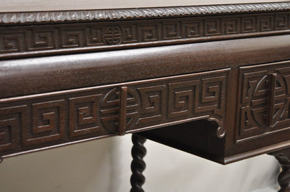 Antique Jacobean William and Mary Greek Key Carved Mahogany 3 Drawer Desk