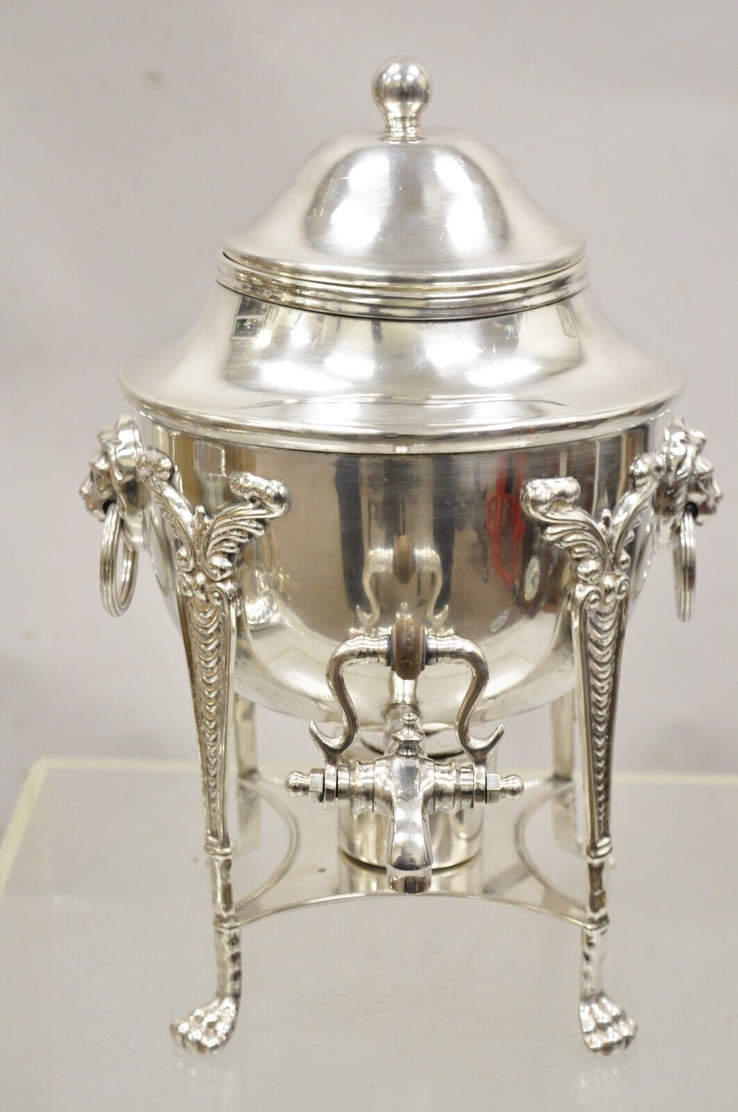 Antique English Regency Lion Head Paw Feet Silver Plated Samovar Warmer