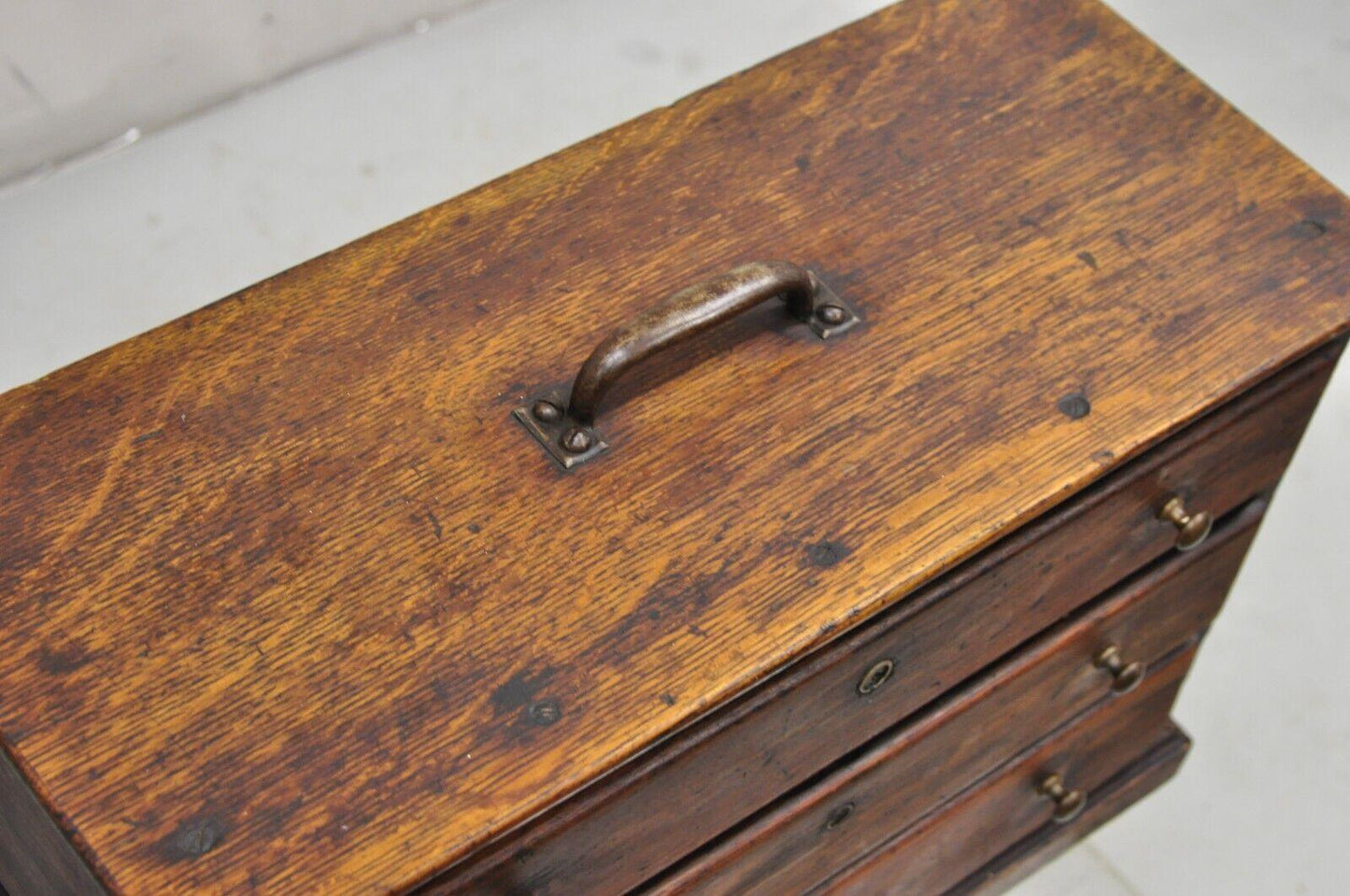 Antique Primitive Rustic Oak Wood 3 Drawer Tool Box Storage Chest with Handle