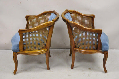 Vintage Hollywood Regency Cane Barrel Back Blue Club Lounge Chairs - a Pair