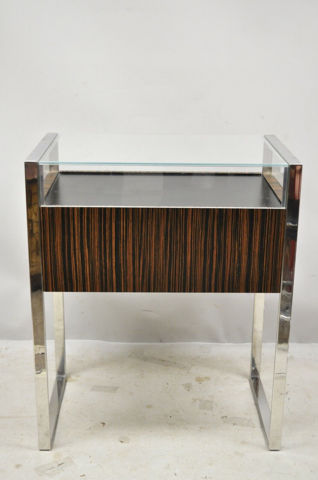 Modern Zebra Wood Chrome Glass Jewelry Closet Display Counter Case with Drawer