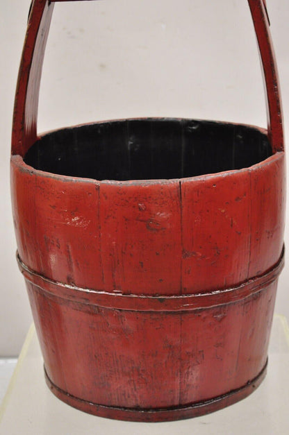 Vintage Rustic Primitive Chinese Wooden Red Painted Water Bucket with Handle