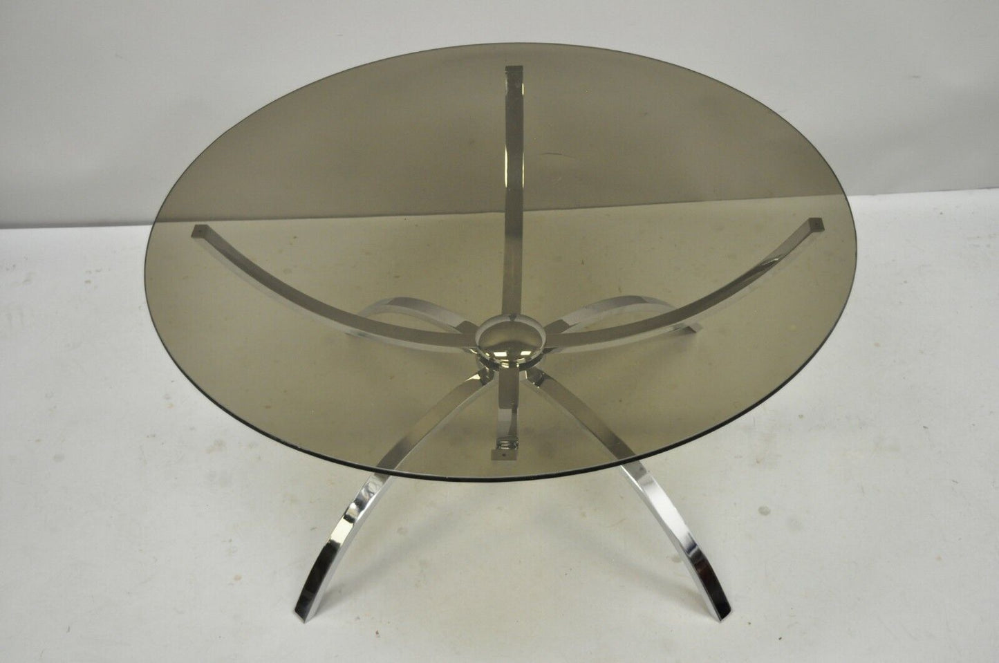 Mid Century Italian Modern Chrome Steel Spider Base Round Glass Top Coffee Table