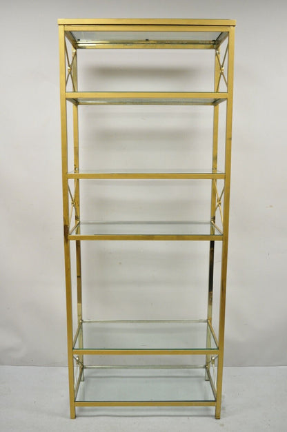 Vintage Brass Metal Gold X-Form Hollywood Regency Modern Curio Shelf Bookcase