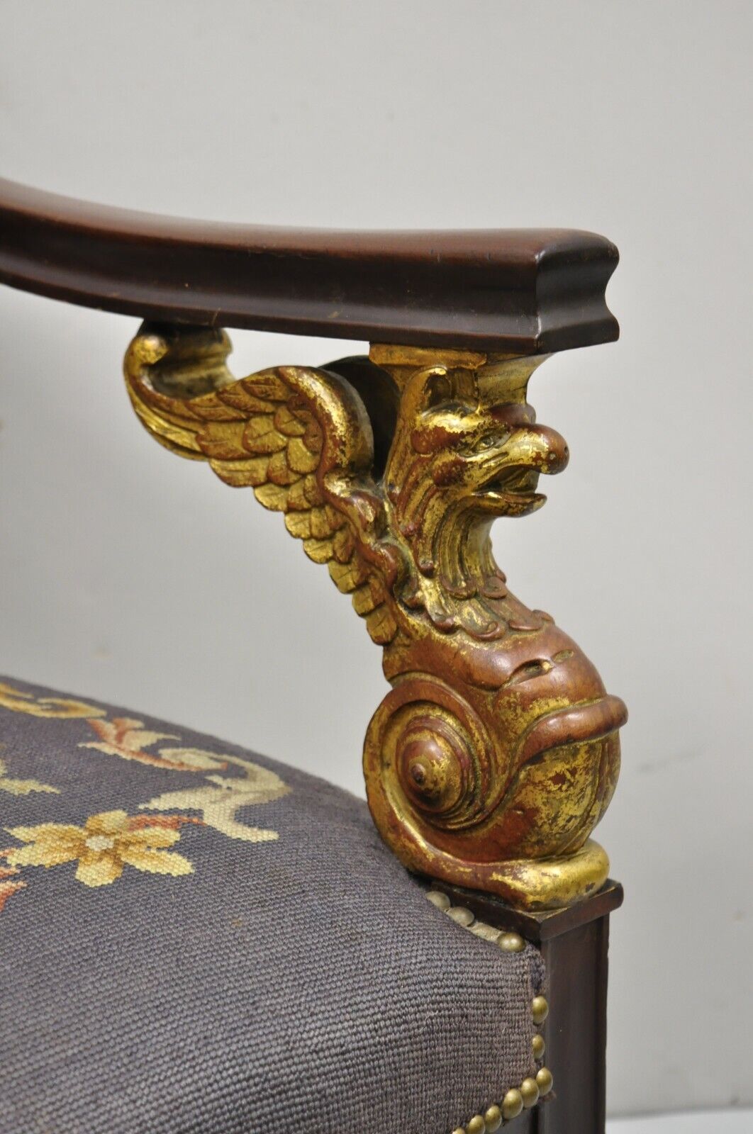 Antique French Empire Giltwood Winged Griffin Needlepoint Inlay Parlor Arm Chair