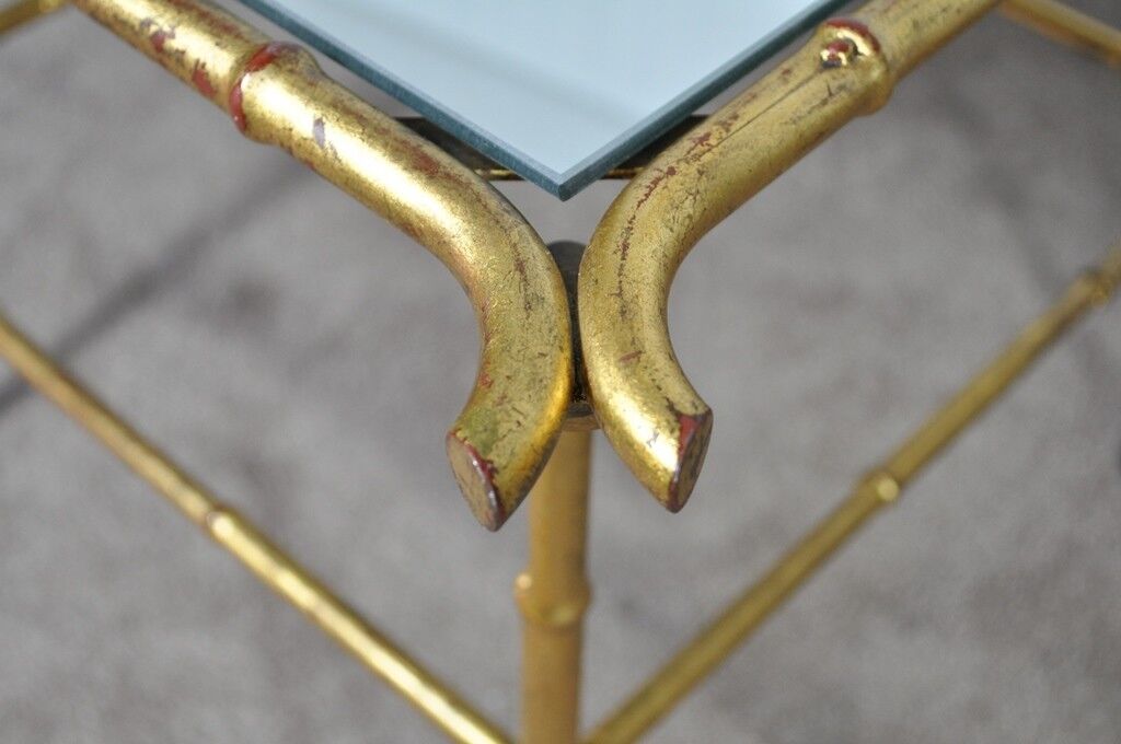 Pair Vintage Italian Hollywood Regency Faux Bamboo Gold Mirror Iron Side Tables