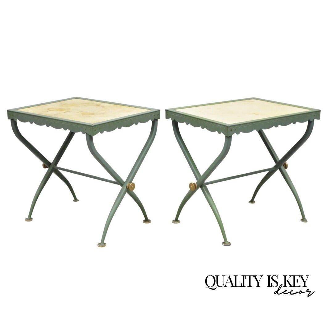 Troy Sunshade Hollywood Regency Curule X-Frame Aluminum Patio Side Tables - Pair