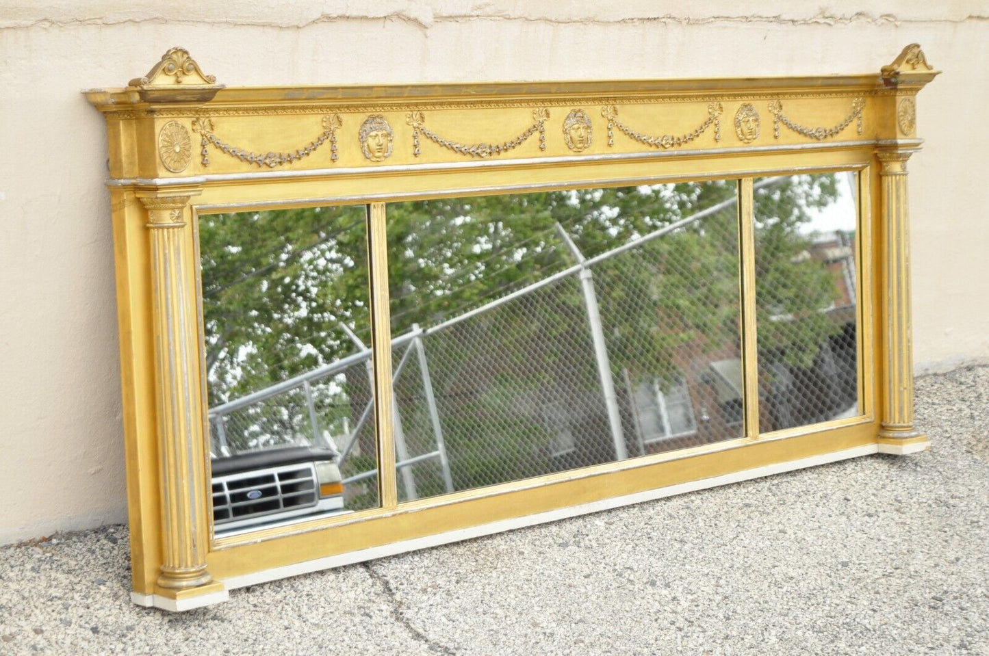 Antique Large 83" Victorian Gold Giltwood Figural Triple Overmantle Mirror