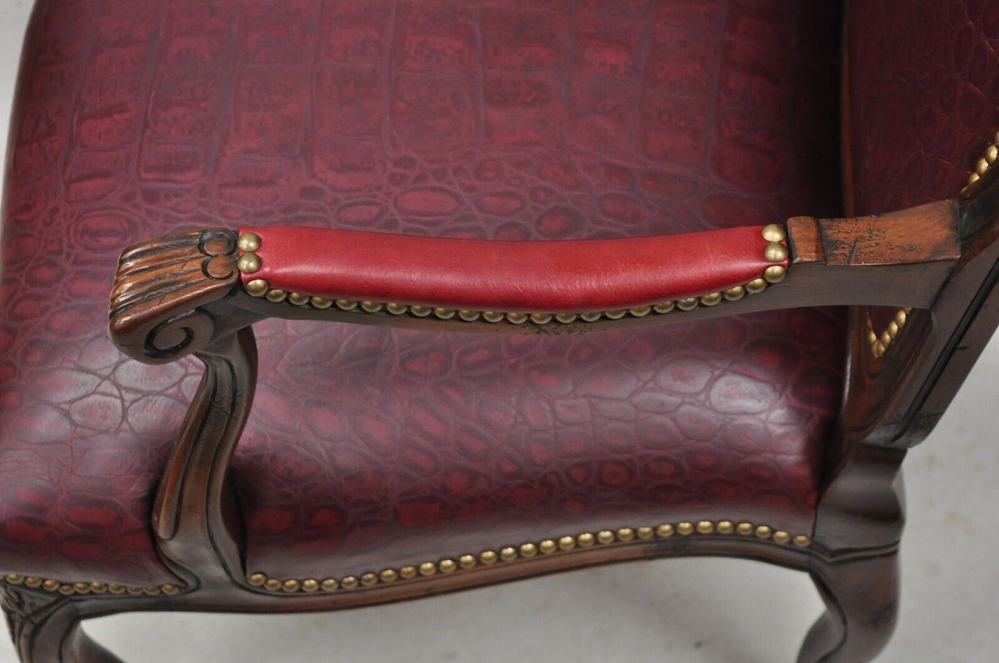French Country Louis XV Style Burgundy Leather Faux Reptile Cowhide Armchair