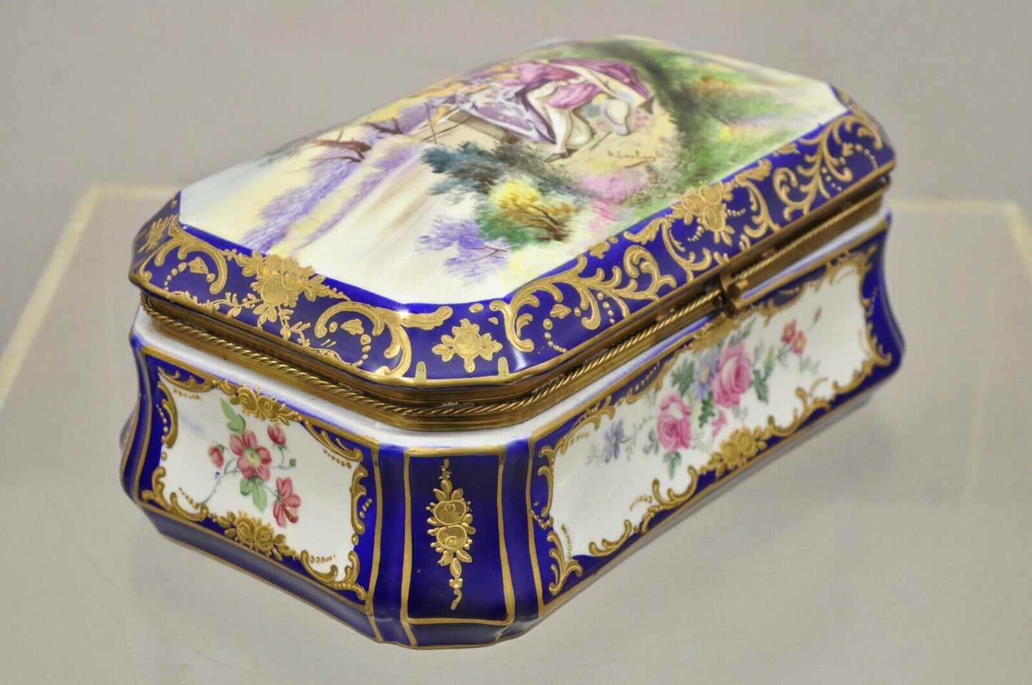 Vintage French Victorian Porcelain Hand Painted Hinged Box Signed R. Coulory