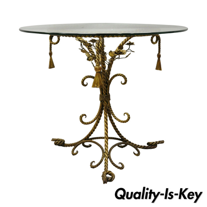 Italian Hollywood Regency Gold Gilt Iron Rope & Tassel Glass Top Center Table