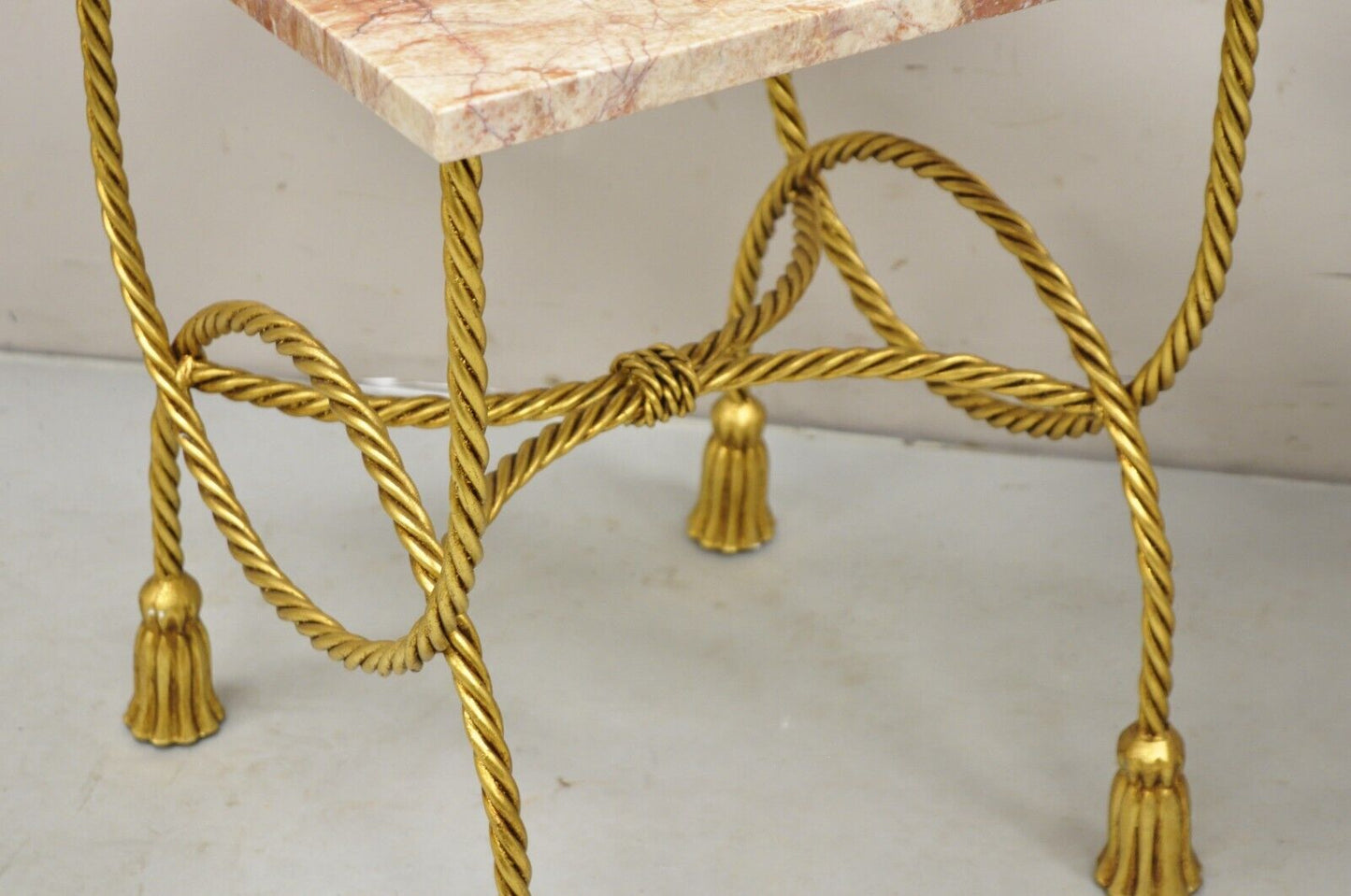 Italian Hollywood Regency Gold Iron Rope Tassel Rouge Marble Top Side Table Pair