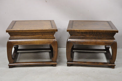 Pair Vintage Chinoiserie Style Burl Wood Ming Style Low Pedestal Side End Tables