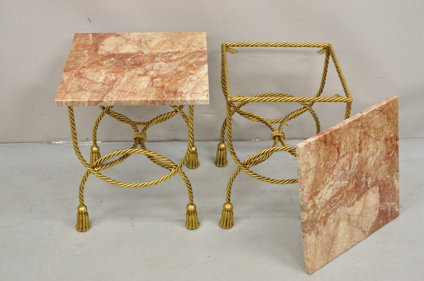 Italian Hollywood Regency Gold Iron Rope Tassel Rouge Marble Top Side Table Pair