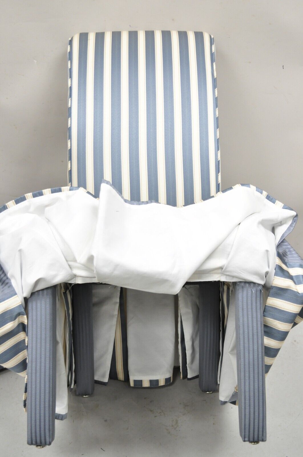Custom Blue & Cream Striped Parsons Dining Chairs w/ Button Backs - Set of 6