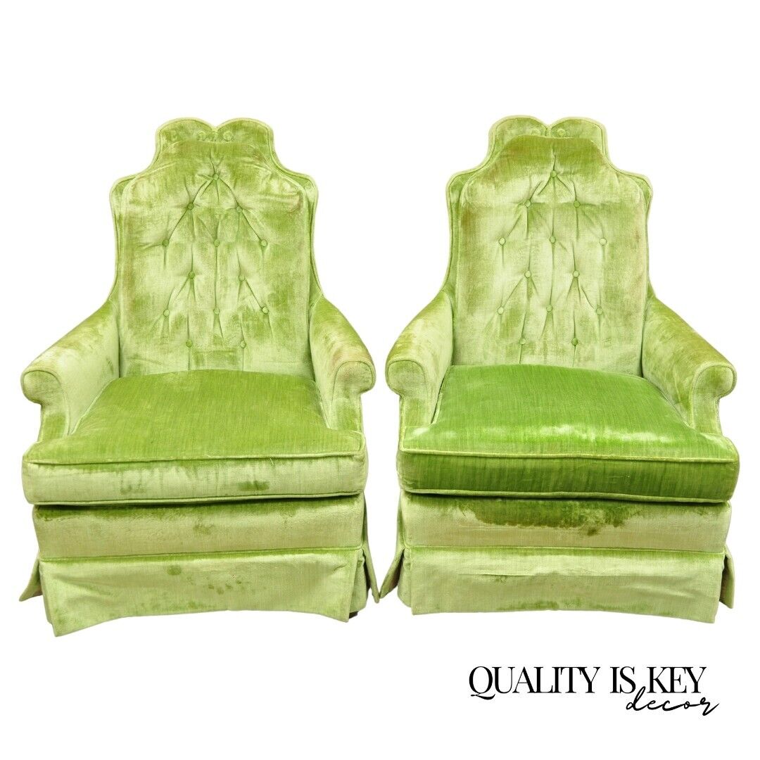 Pair Silver Craft Lime Green Upholstered Button Tufted Club Lounge Chairs