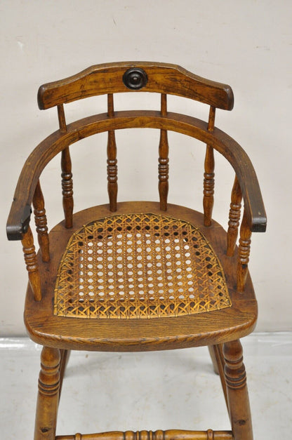 Antique Victorian Small Child's Oak Wood Spindle Cane Seat High Chair