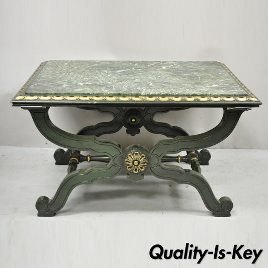 Vintage Curule X-Form Dorothy Draper Espana Style Green Marble Top Coffee Table