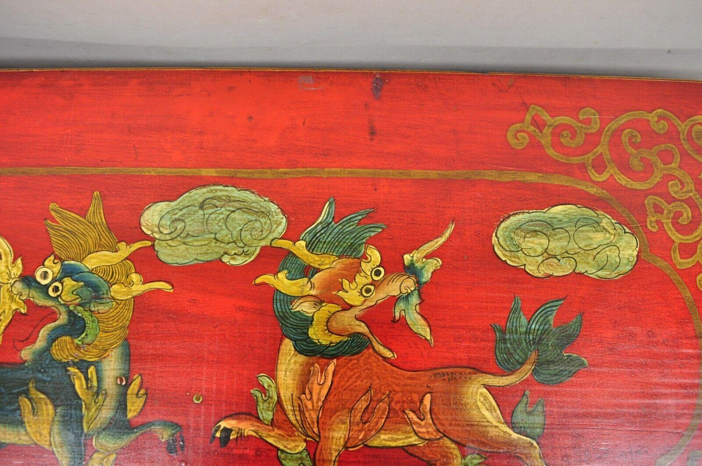 Tibetan Red and Green Hand Painted Wooden Buffet Cabinet Chest w/ Horse & Dragon