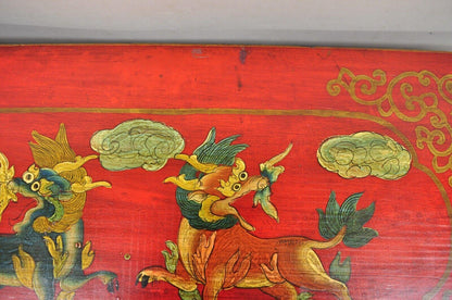 Tibetan Red and Green Hand Painted Wooden Buffet Cabinet Chest w/ Horse & Dragon