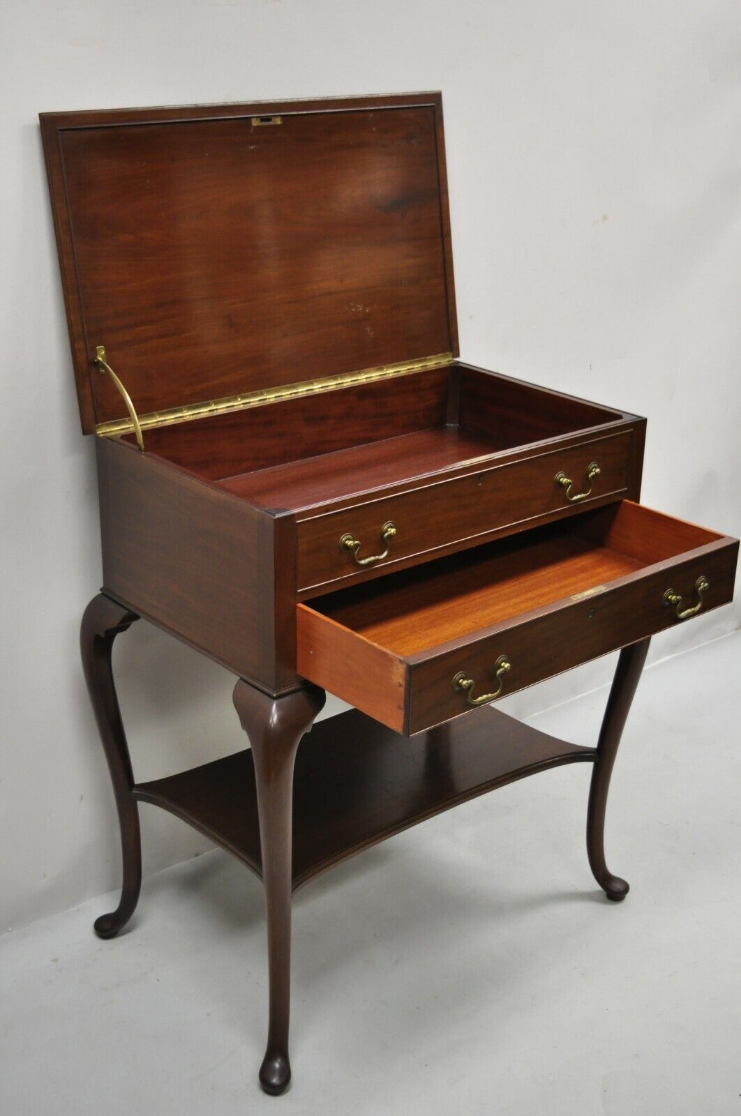 Vtg English Queen Anne Mahogany Lift Top Silverware Chest Server Buffet Cabinet