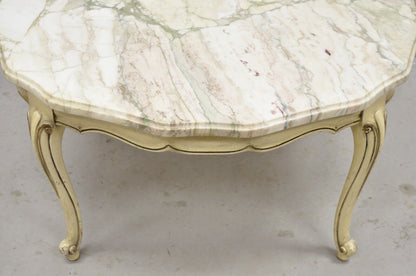 Vintage French Provincial Style Marble Top Cream Painted Round Coffee Table