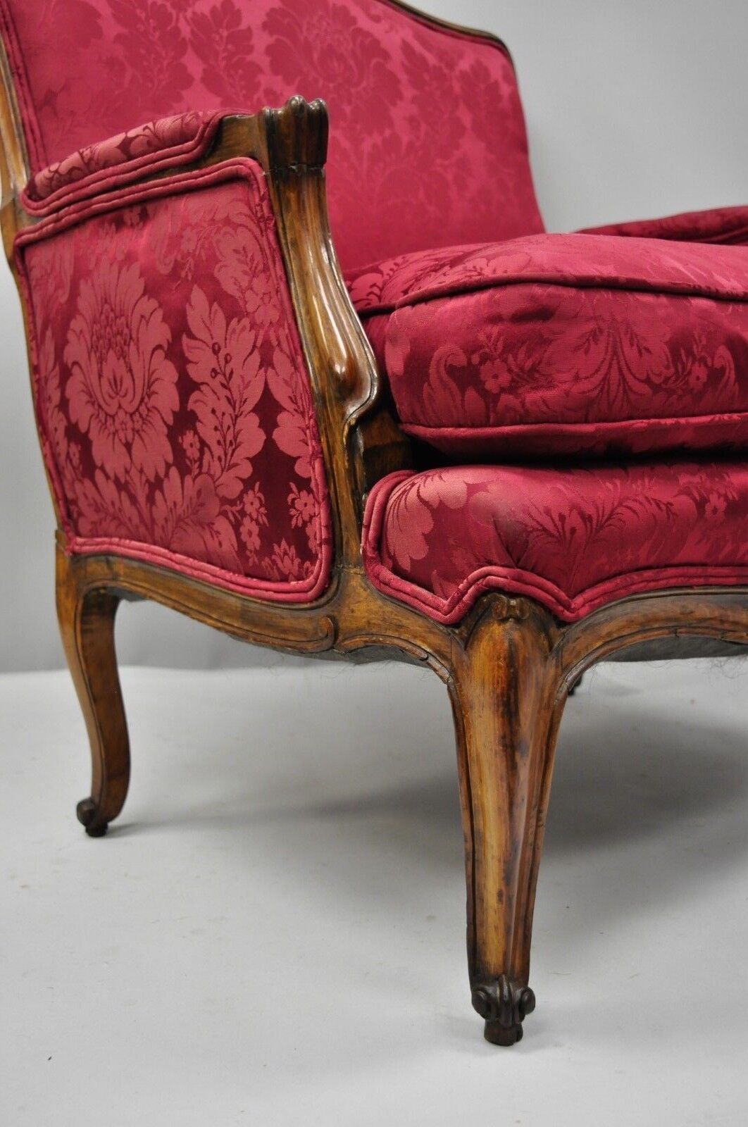 Antique French Country Louis XV Style Walnut Burgundy Small Wingback Settee